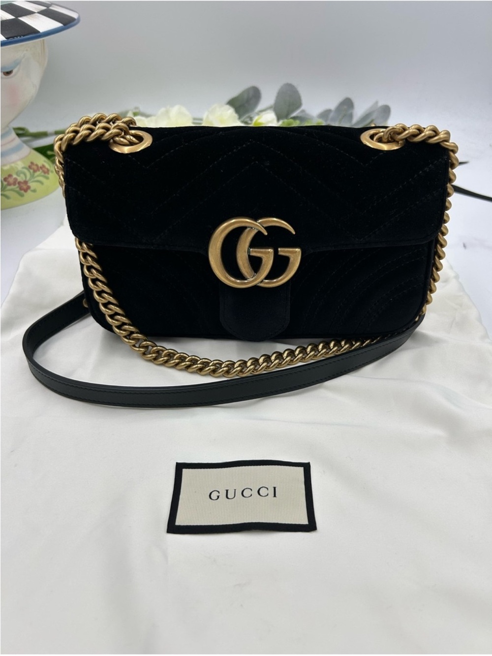 Gucci Black Velvet GG MARMONT Chain Shoulder Bag with Gold Hardware